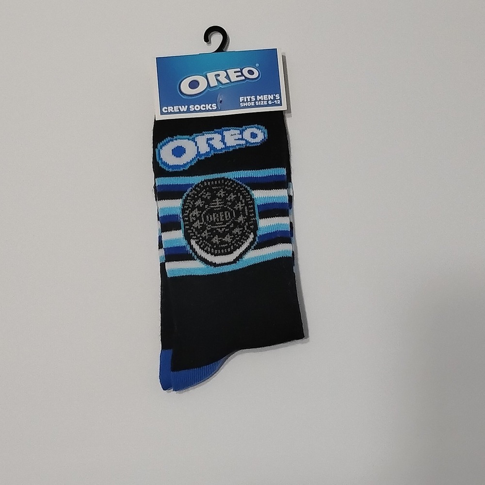 Oreo Crew Novelty Socks Black Blue White Striped Fits Men's Shoe Size 6-12